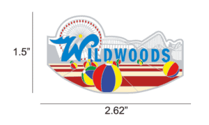 Colorful Wildwoods logo with beach ball and boardwalk.