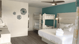 Modern bedroom with bunk beds and teal accent wall.