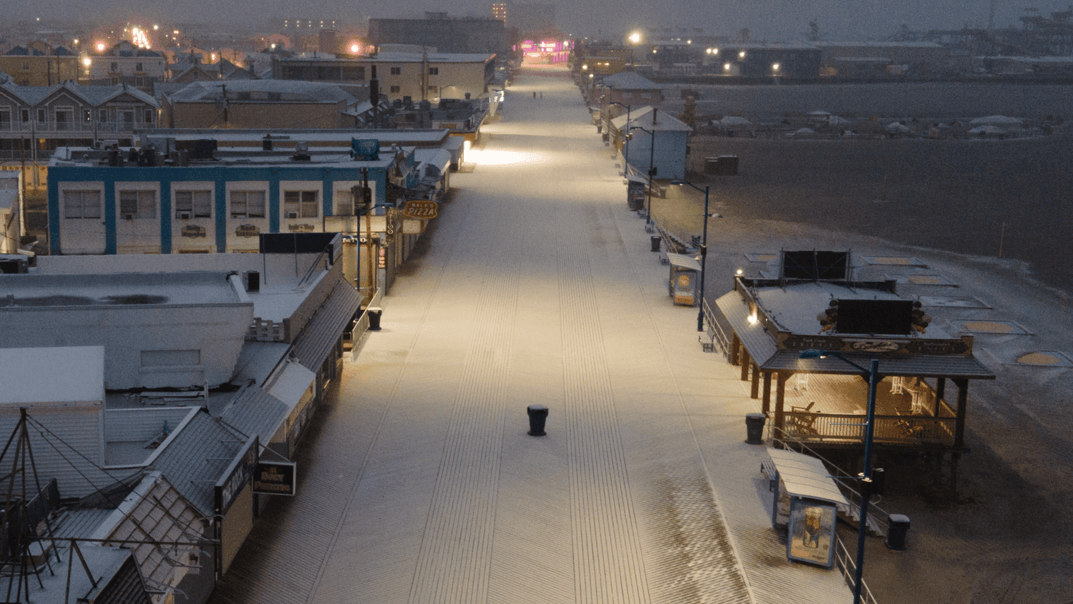Snow on the Wildwood Boardwalk Via Drone