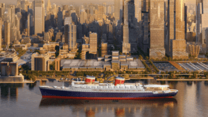 A large ship docked near a city waterfront with tall buildings in the background.