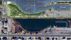 A coastal area with a detailed infographic overlay explaining environmental or construction processes.