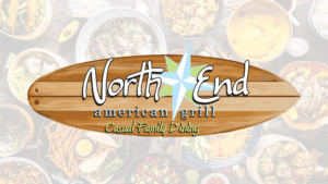 Logo for North End American Grill with a star and wood background.