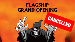 A grim reaper holding a 'CANCELED' sign for a flagship grand opening.