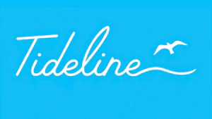 Logo with white cursive text on a blue background.