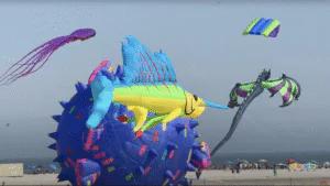 Colorful fish-shaped kites flying above the beach with a crowd below.