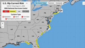 Map showing U.S. rip current risk levels.